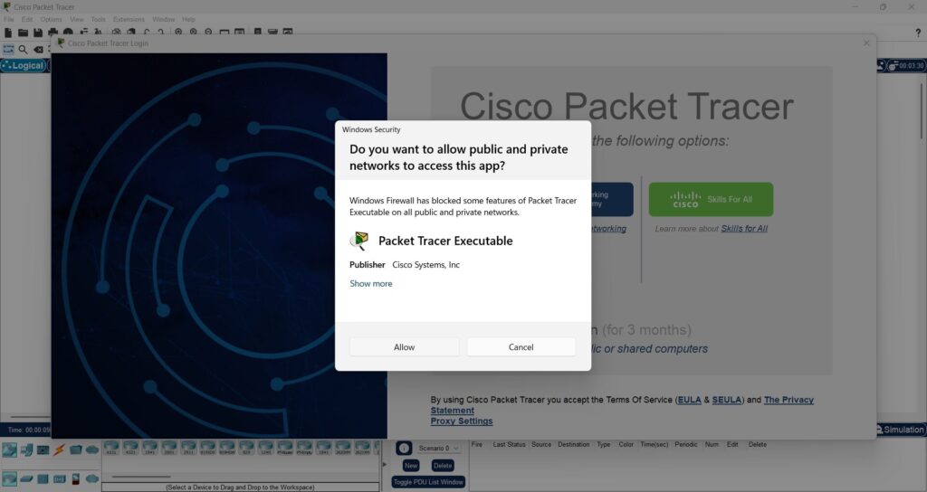 cisco packet tracer app dashboard in windows 11 pro star and login with cisco netcad and skills for all account to successfully enter the packet tracer environment to practice and build enteprirse networks for ccna ccnp lab environments.