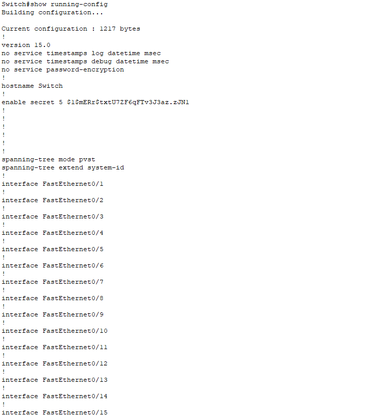 check password configurations on switch by writing show running config command