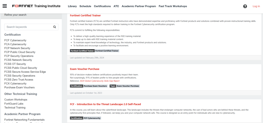 Fortinet Training Institute Dashboard covering NSE and Solutions technologies